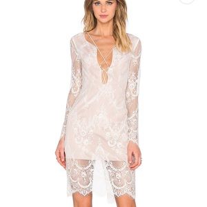White Lace Dress w Low Tie Neck